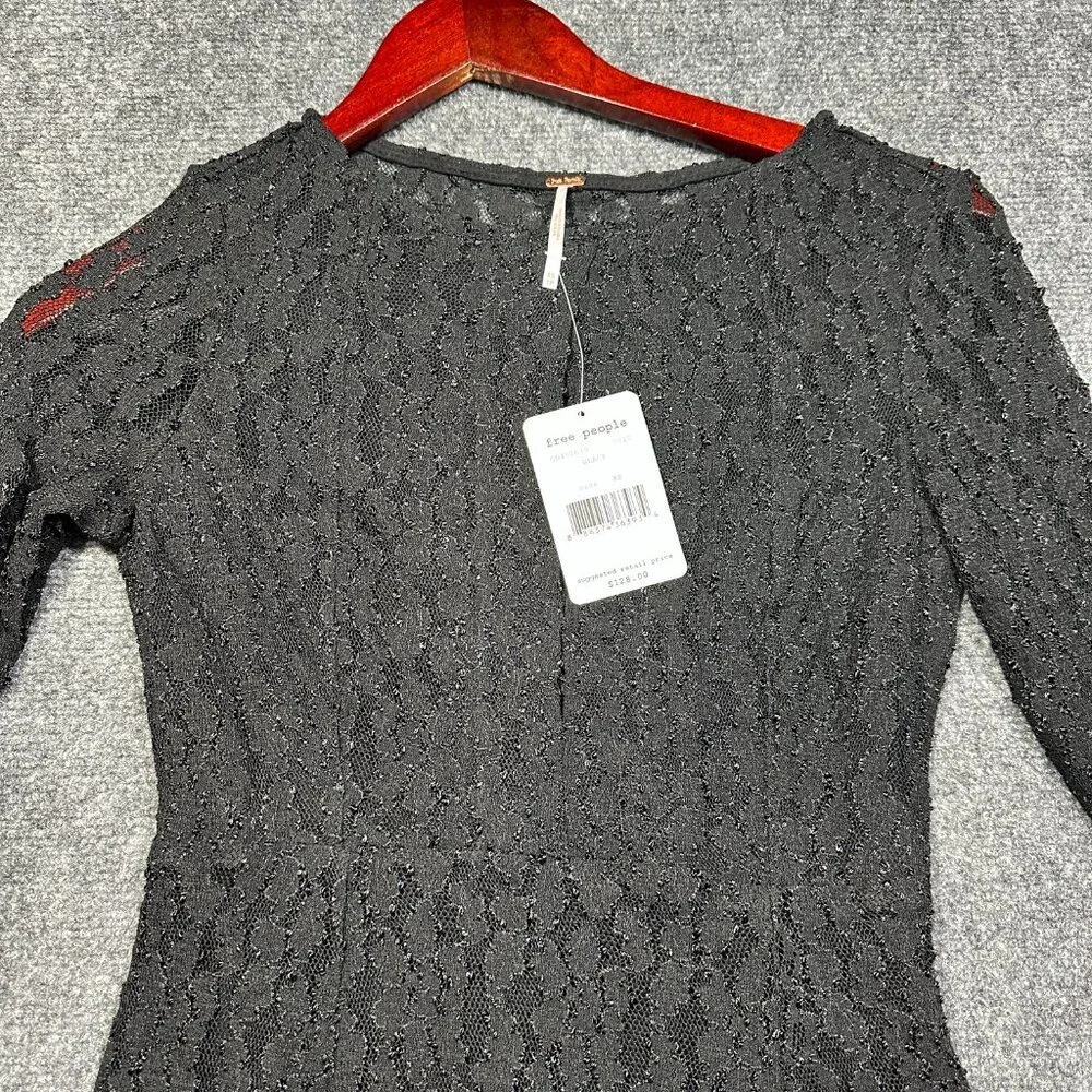 Free People Dress Womens XS Black Lace Aline Lined Bell Cuff Sleeve NEW Skater - Picture 3 of 8